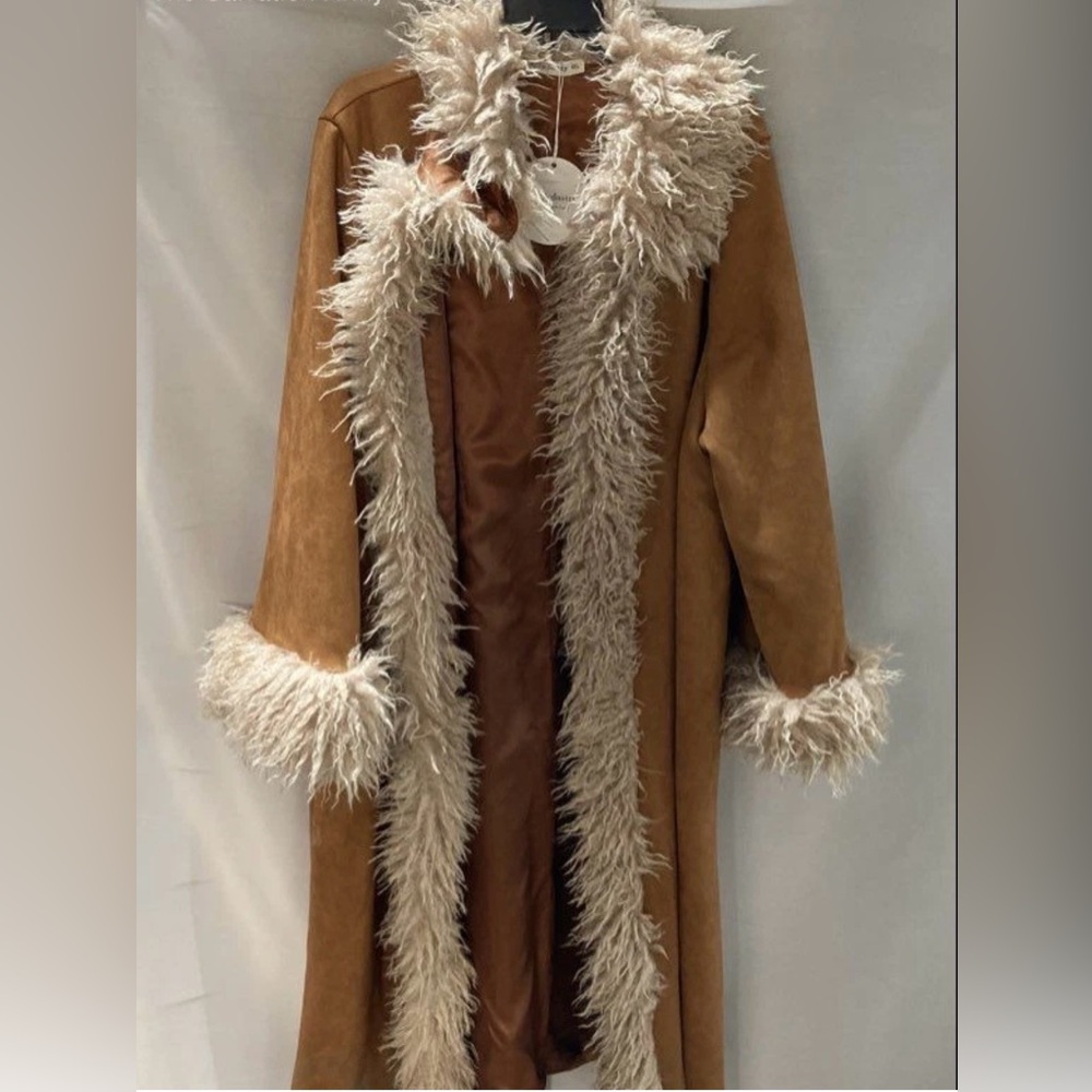 Rusttydustty Womens Brown Fur Trim Collar Open Front Overcoat Size 4XL